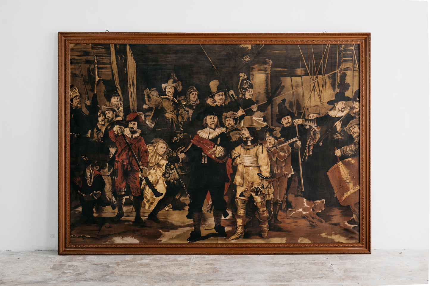 Riproduzione della Ronda di Notte di Rembrandt, tecnica mista su tessuto