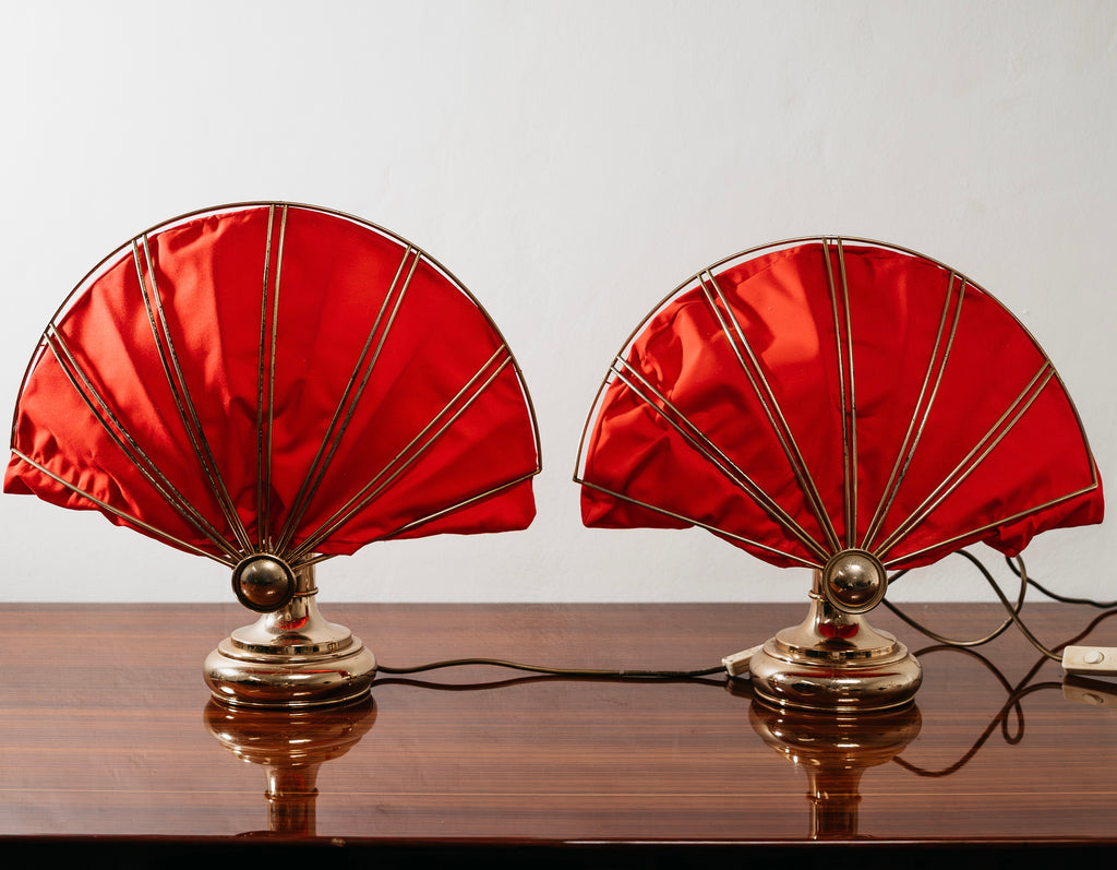 Coppia Di Lampade Da Tavolo A Ventaglio In Ottone Hollywood Regency 1970’s