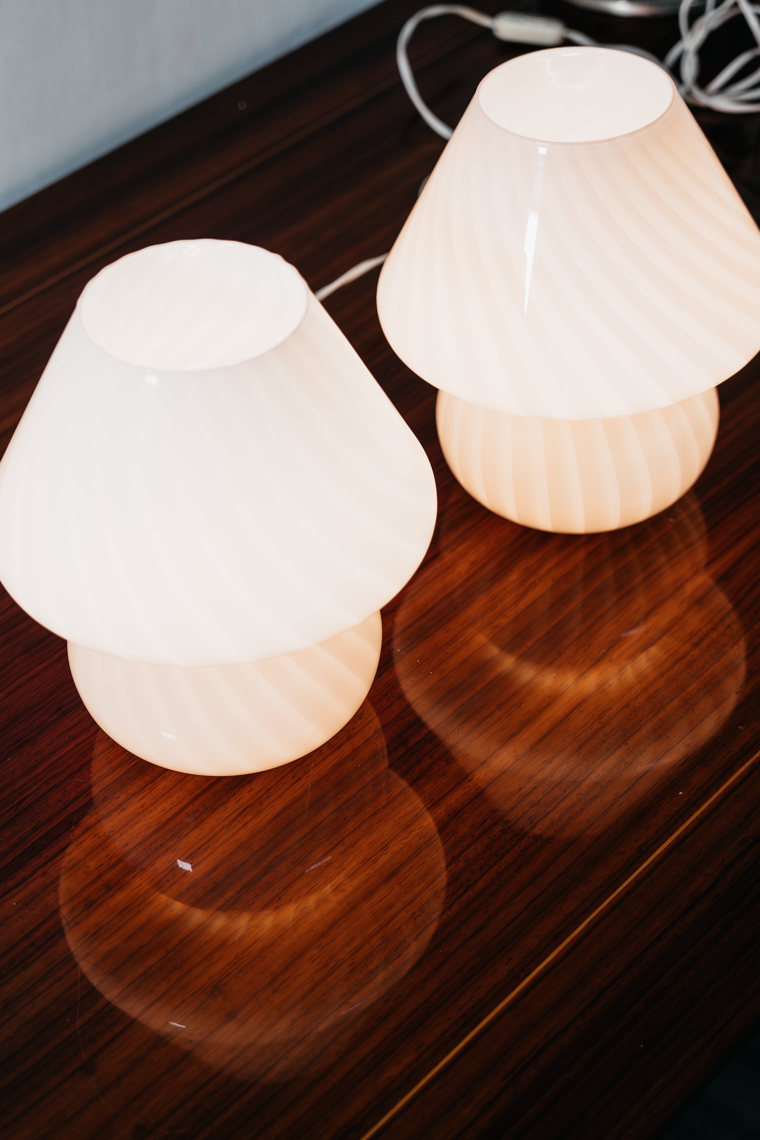 Coppia Di Lampade Da Tavolo Murano Mushroom Rose 1970’s Design Pink Shade