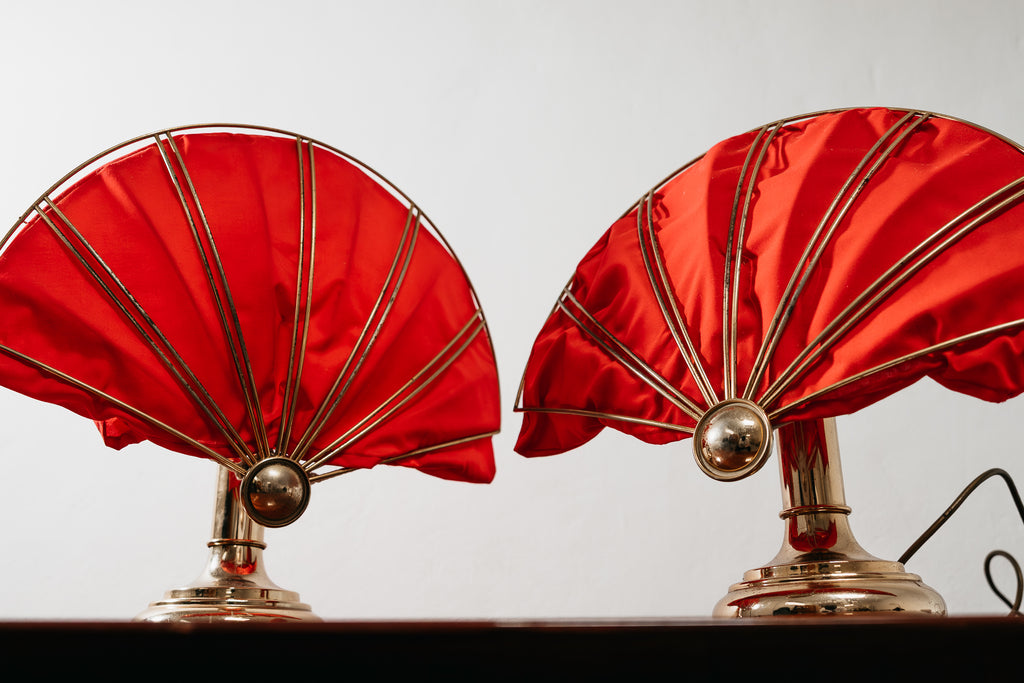 Coppia Di Lampade Da Tavolo A Ventaglio In Ottone Hollywood Regency 1970’s