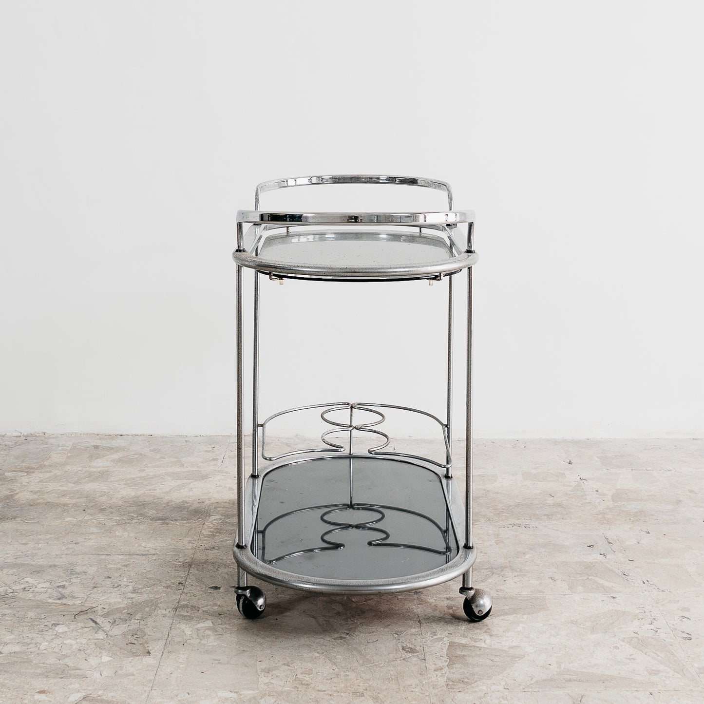 Carrello Portavivande In Acciaio Doppio Ripiano Cristallo Fumè Design Anni 70