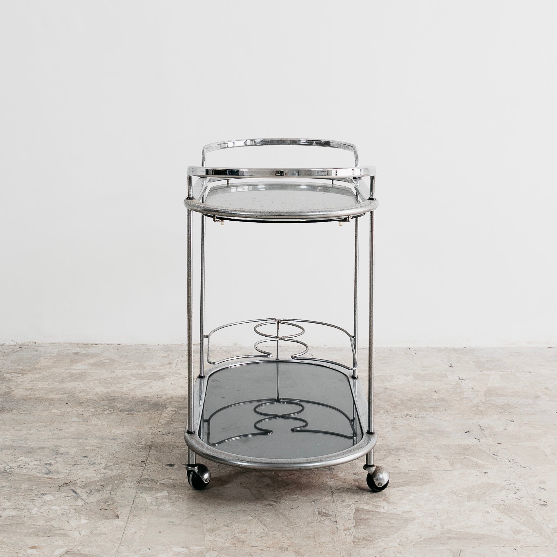 Carrello Portavivande In Acciaio Doppio Ripiano Cristallo Fumè Design Anni 70
