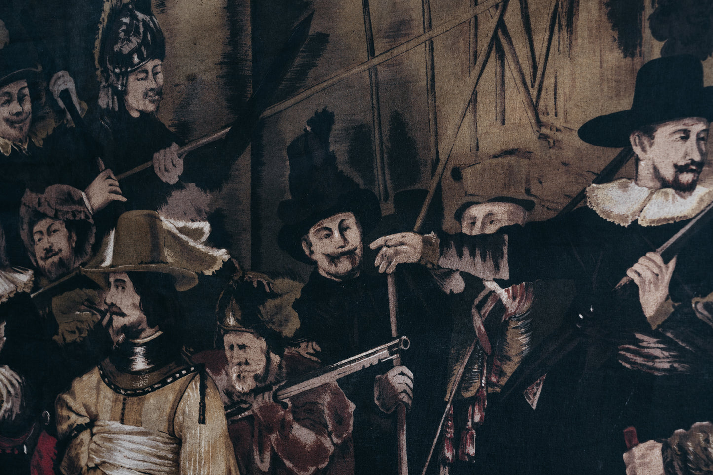 Riproduzione della Ronda di Notte di Rembrandt, tecnica mista su tessuto