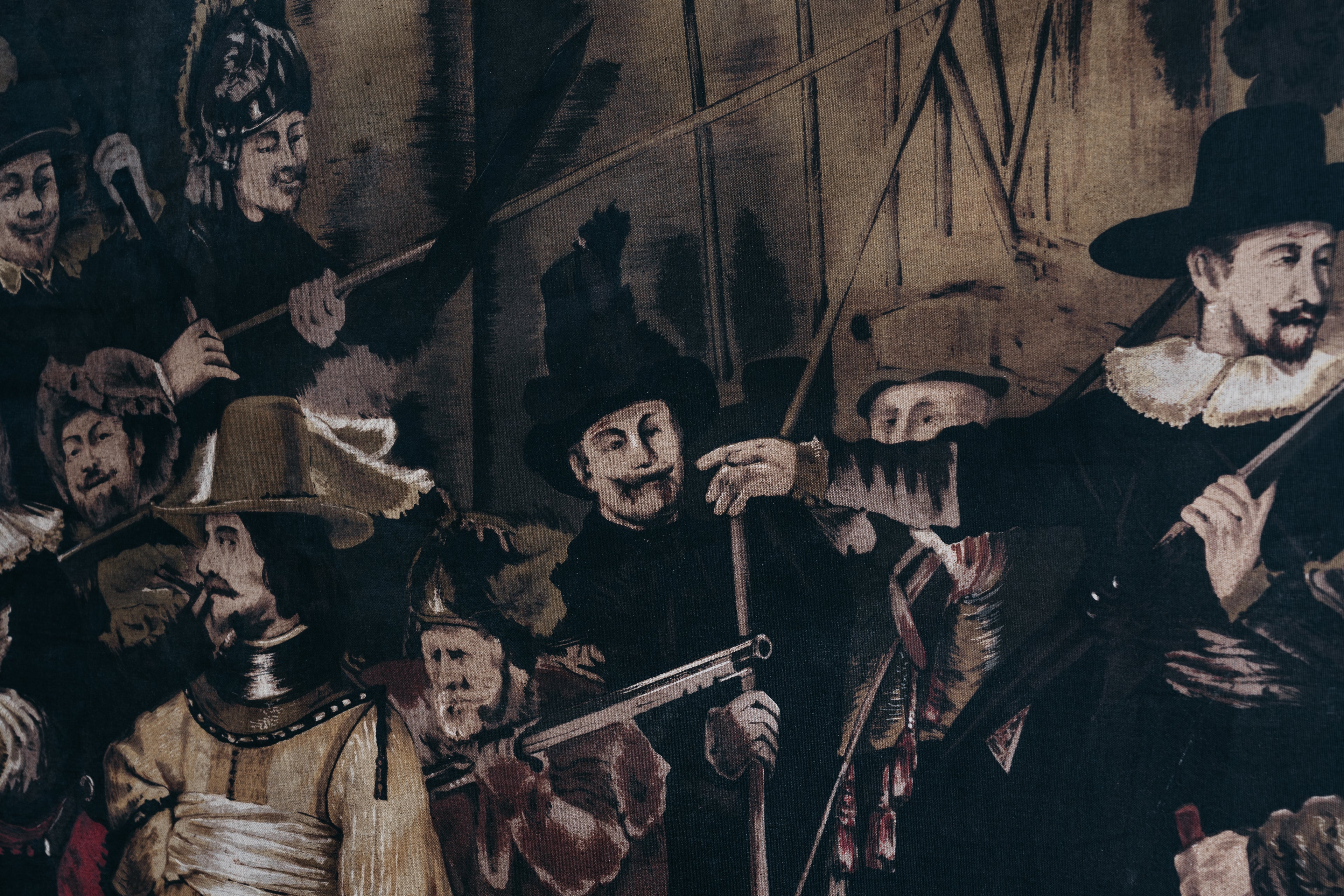 Riproduzione della Ronda di Notte di Rembrandt, tecnica mista su tessuto