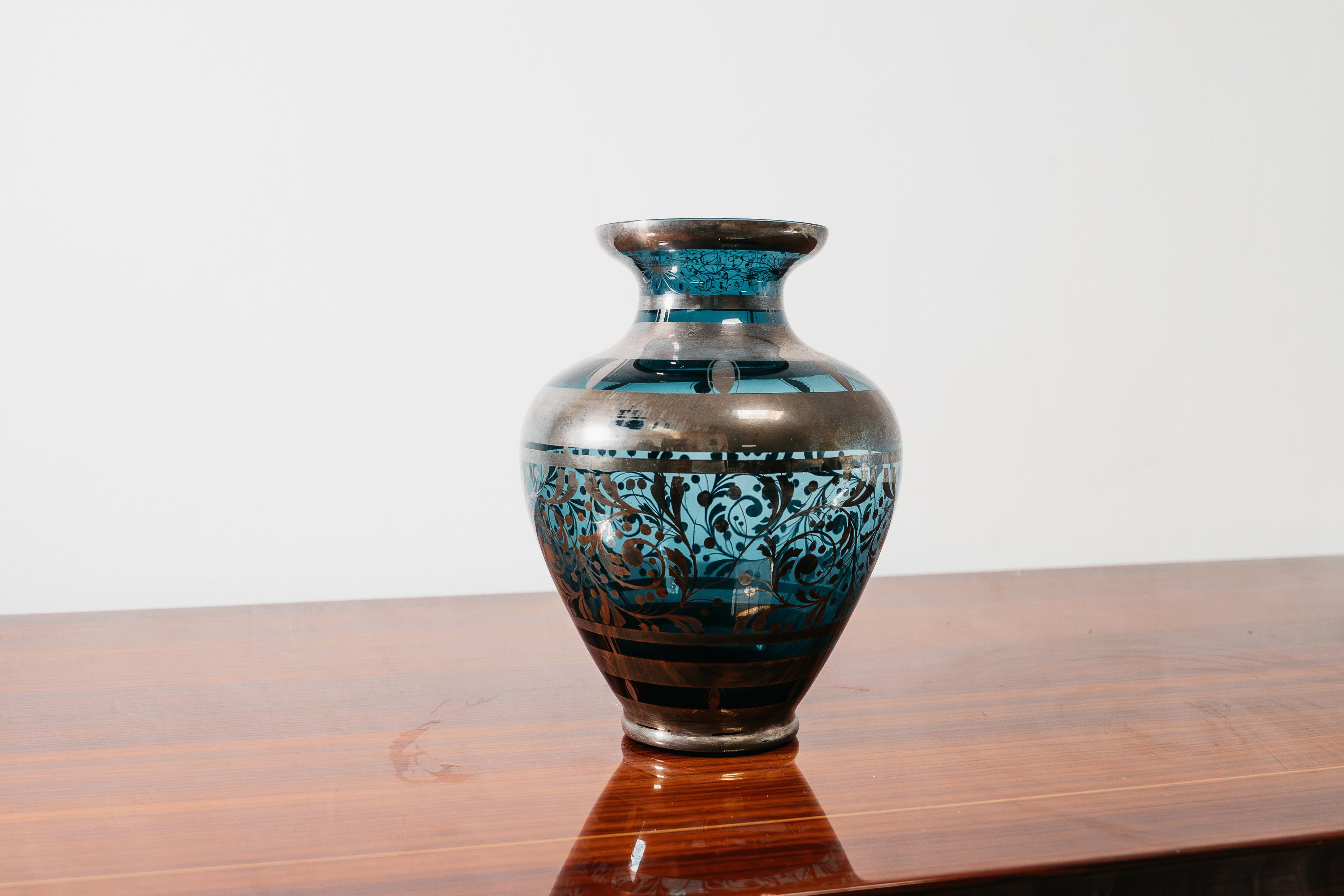Vaso In Vetro E Argento Overlay American Art Decó 1940’s Design