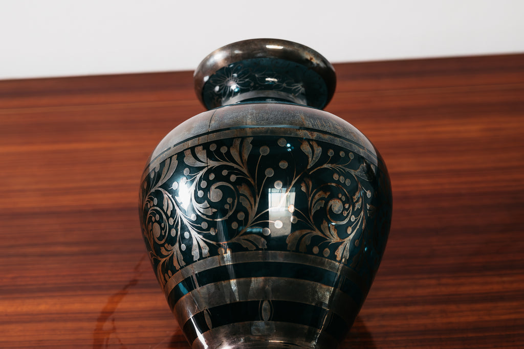 Vaso In Vetro E Argento Overlay American Art Decó 1940’s Design
