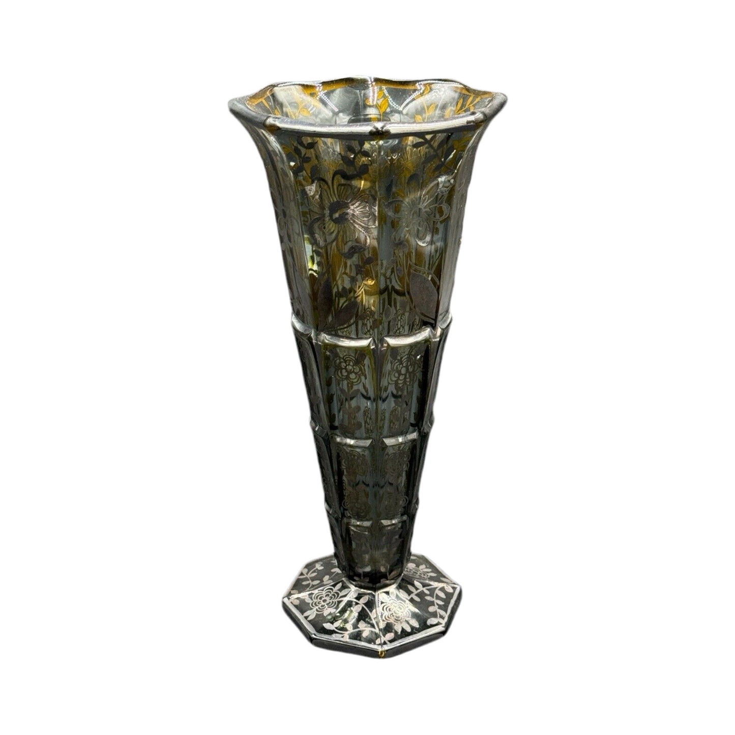 VASO ART DÈCO IN VETRO DECORO ARGENTO OVERLAY MANIFATTURA AMERICANA 1930’S