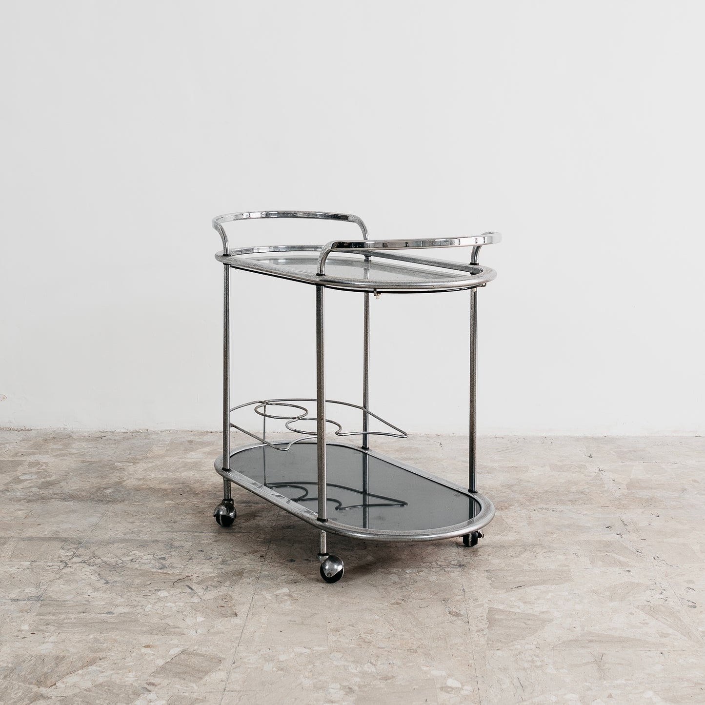 Carrello Portavivande In Acciaio Doppio Ripiano Cristallo Fumè Design Anni 70