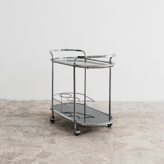 Carrello Portavivande In Acciaio Doppio Ripiano Cristallo Fumè Design Anni 70