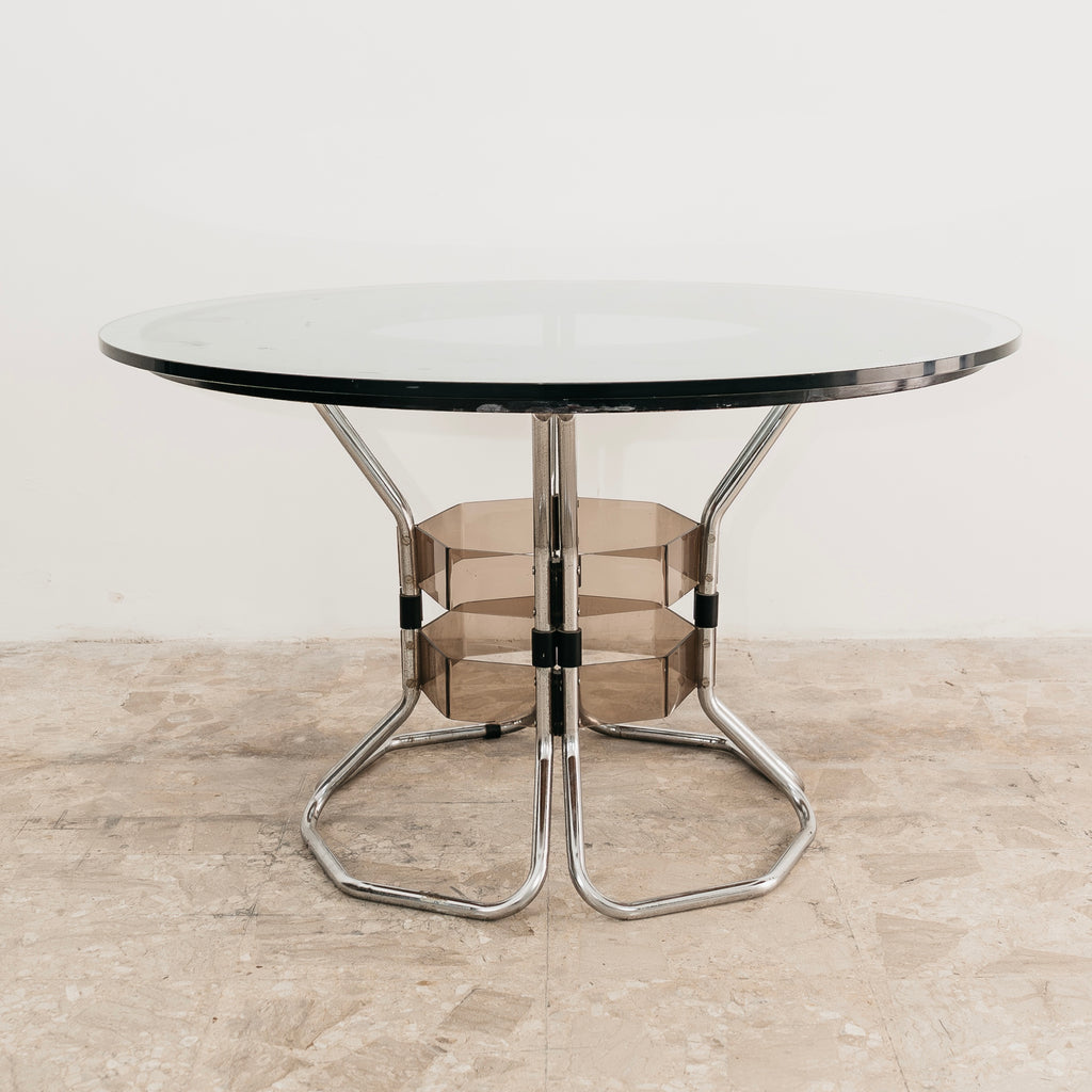 Tavolo Da Pranzo in acciaio acrilico, legno e cristallo fumé, Design anni '70