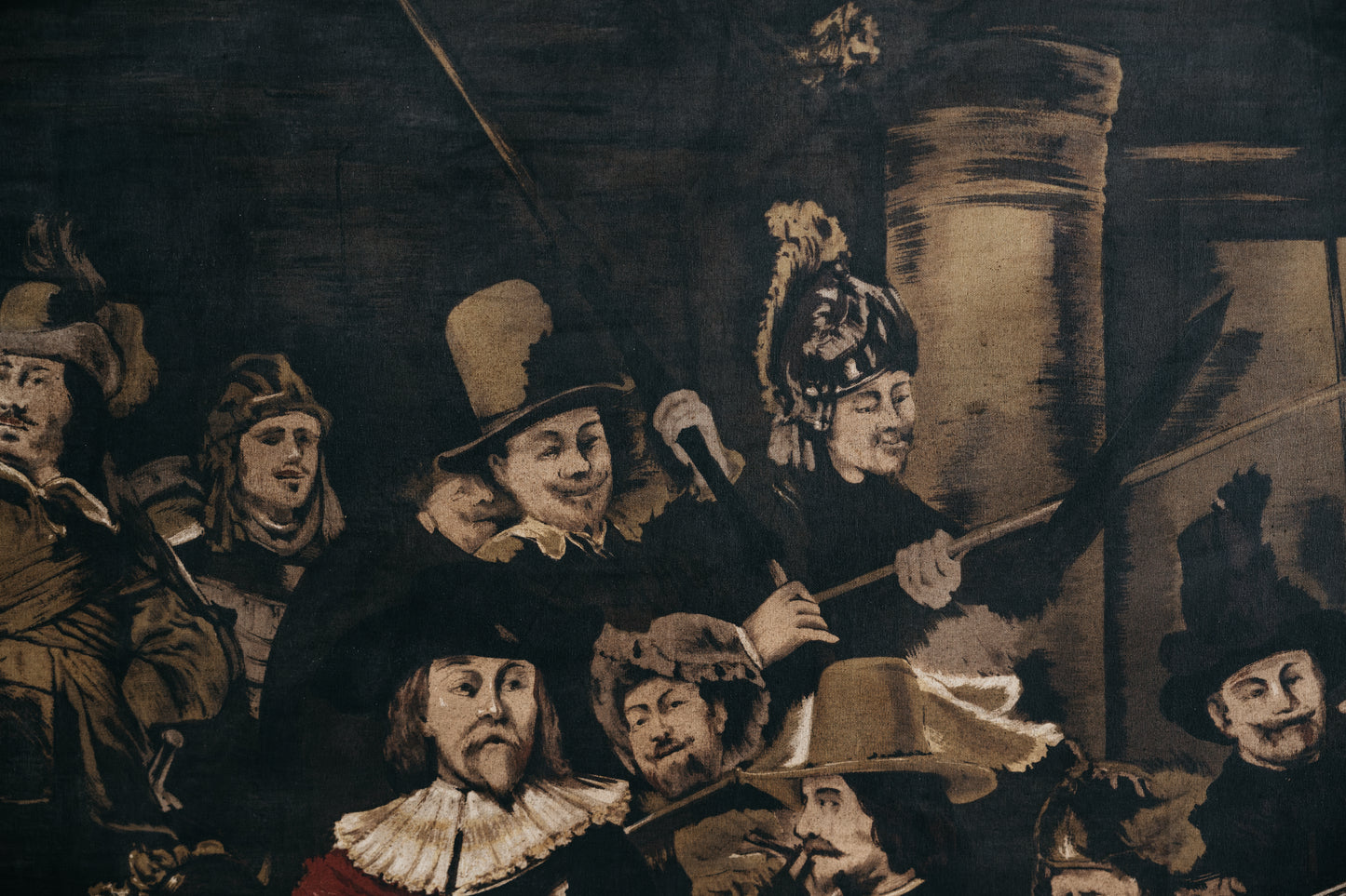 Riproduzione della Ronda di Notte di Rembrandt, tecnica mista su tessuto