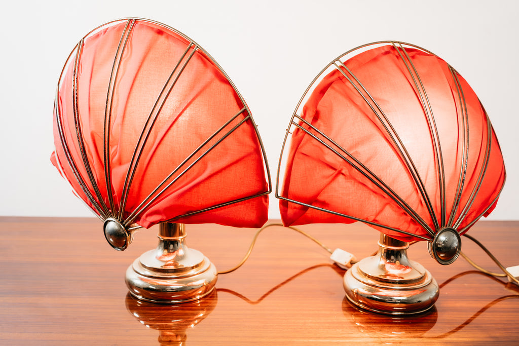 Coppia Di Lampade Da Tavolo A Ventaglio In Ottone Hollywood Regency 1970’s