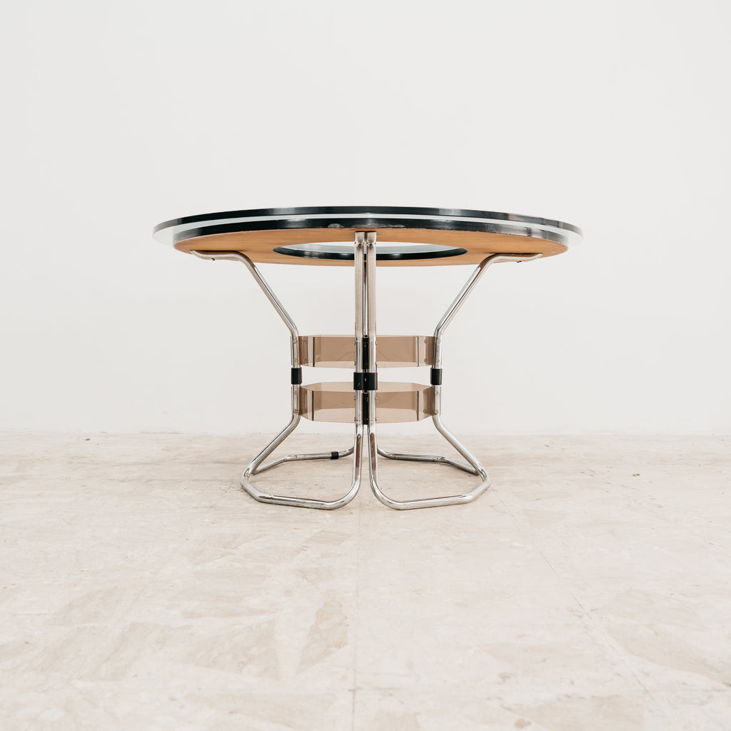 Tavolo Da Pranzo in acciaio acrilico, legno e cristallo fumé, Design anni '70