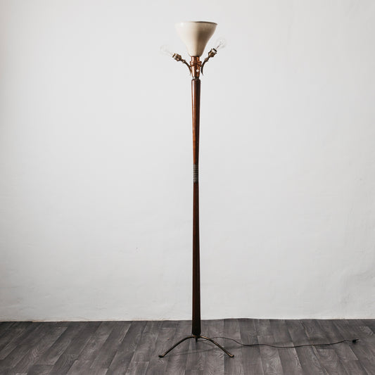 Giuseppe Ostuni Attr. Lampada Da Pavimento Base Tripode Anni ‘50 Legno E Ottone