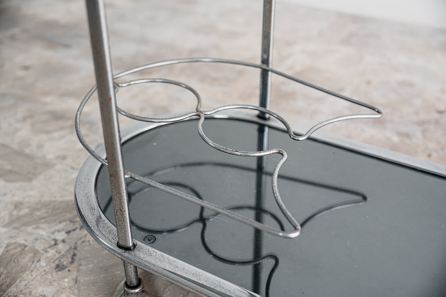 Carrello Portavivande In Acciaio Doppio Ripiano Cristallo Fumè Design Anni 70