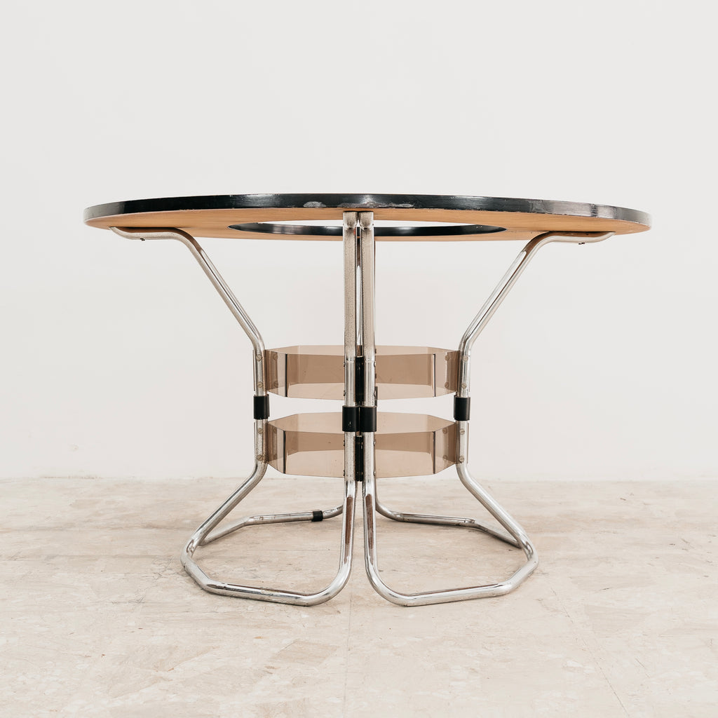 Tavolo Da Pranzo in acciaio acrilico, legno e cristallo fumé, Design anni '70