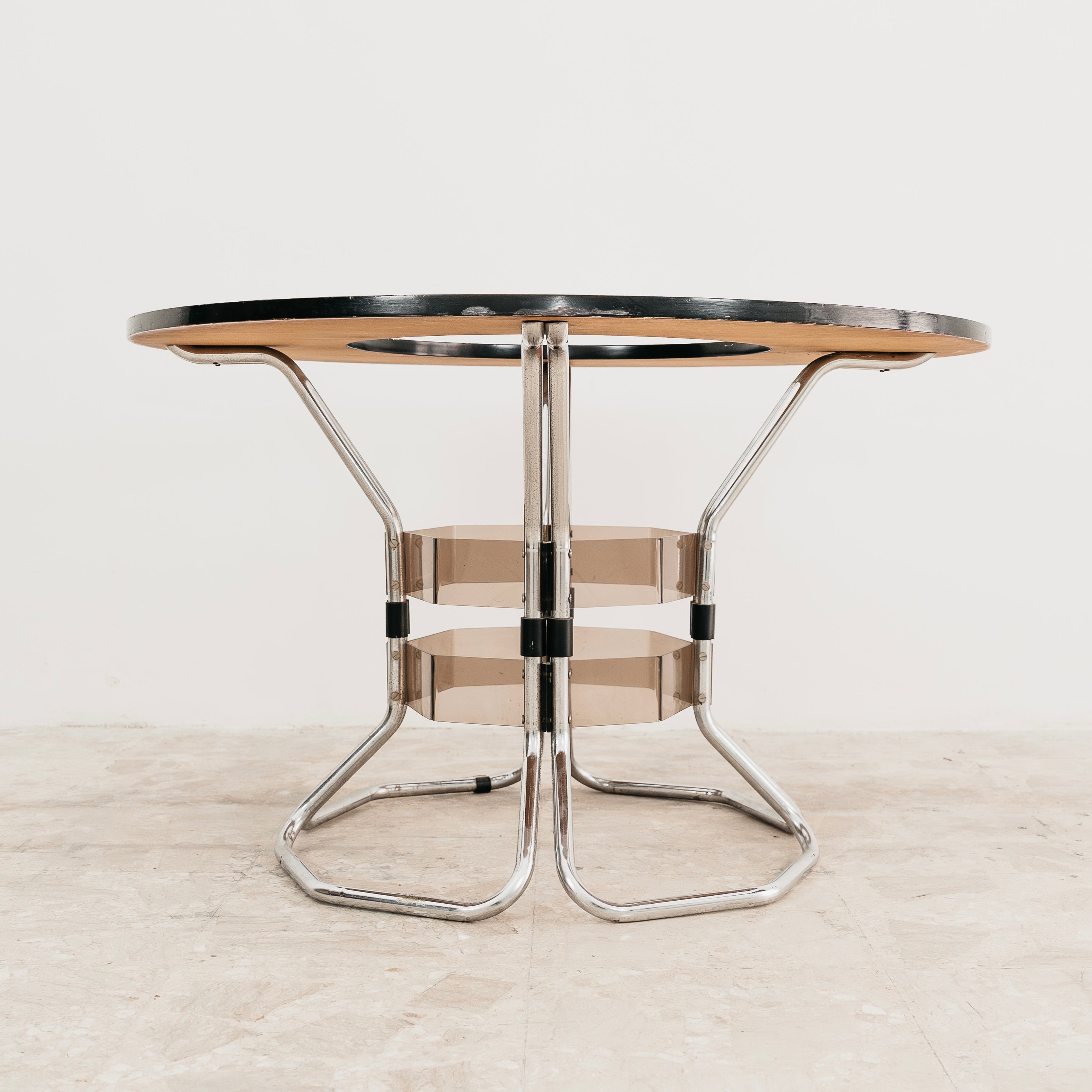 Tavolo Da Pranzo in acciaio acrilico, legno e cristallo fumé, Design anni '70