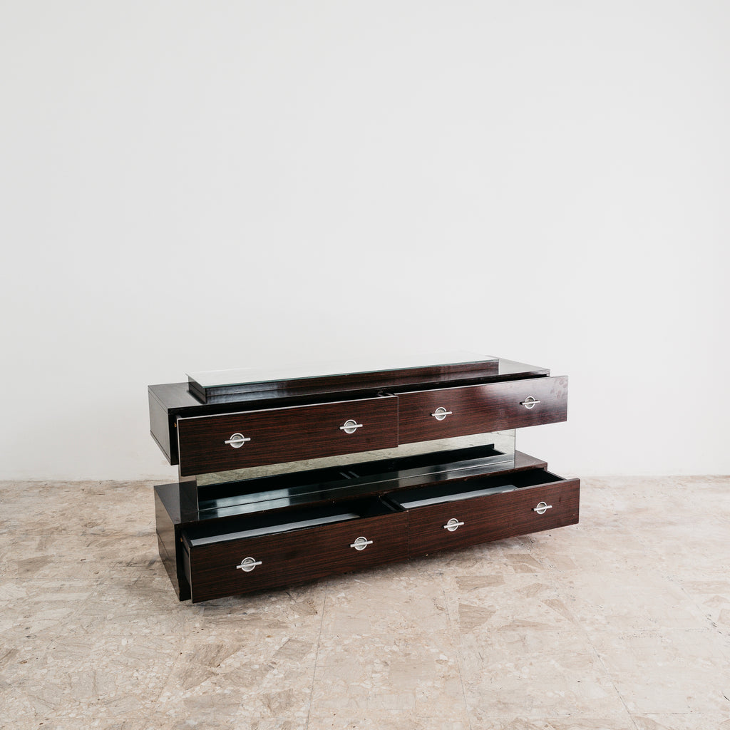 Comò Cassettiera In Legno Impiallacciato Vetro Cubic Design Modernariato 1980’s
