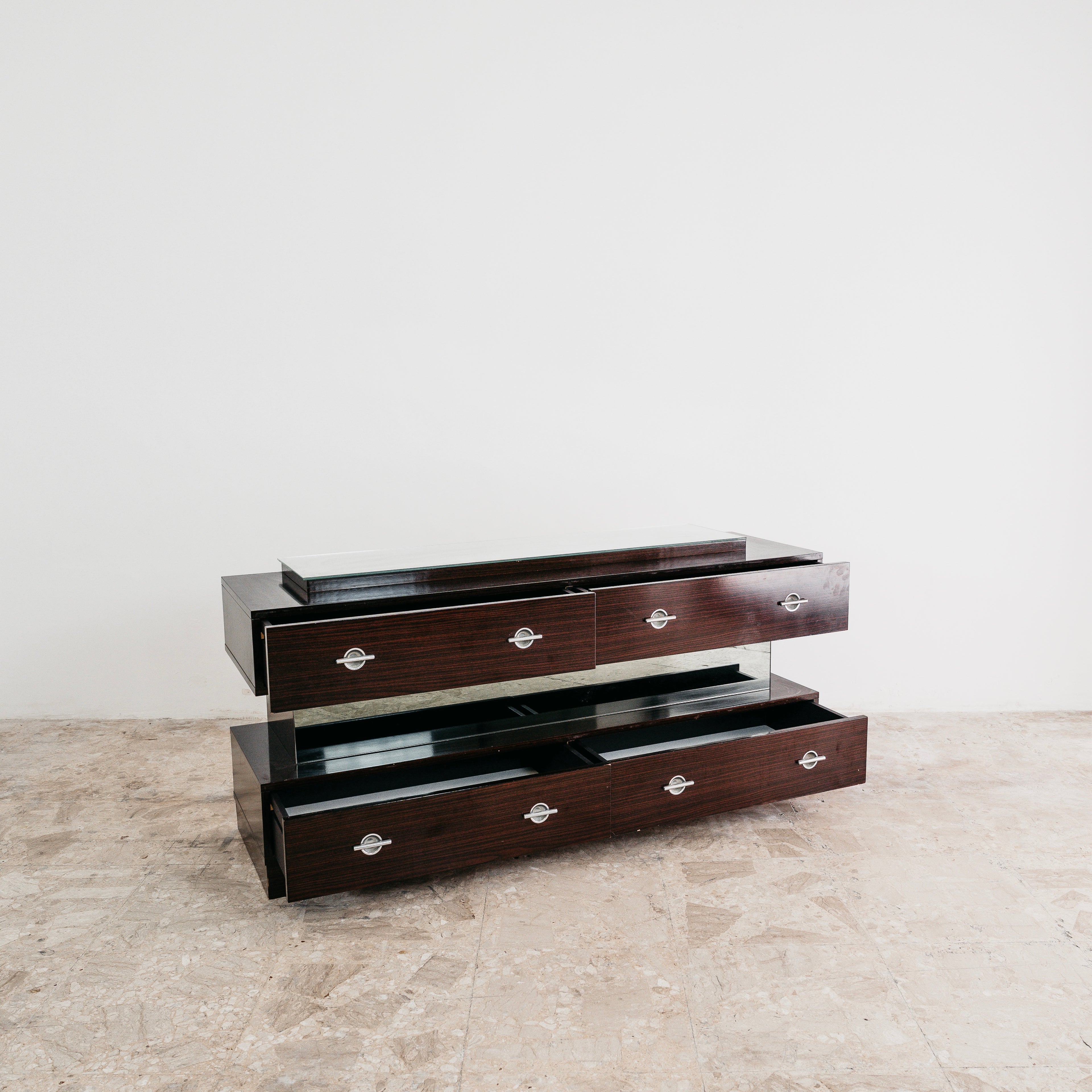 Comò Cassettiera In Legno Impiallacciato Vetro Cubic Design Modernariato 1980’s