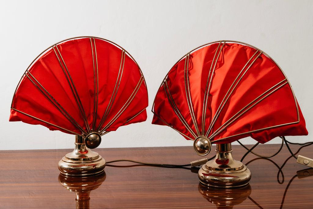 Coppia Di Lampade Da Tavolo A Ventaglio In Ottone Hollywood Regency 1970’s