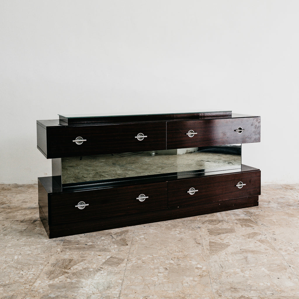 Comò Cassettiera In Legno Impiallacciato Vetro Cubic Design Modernariato 1980’s