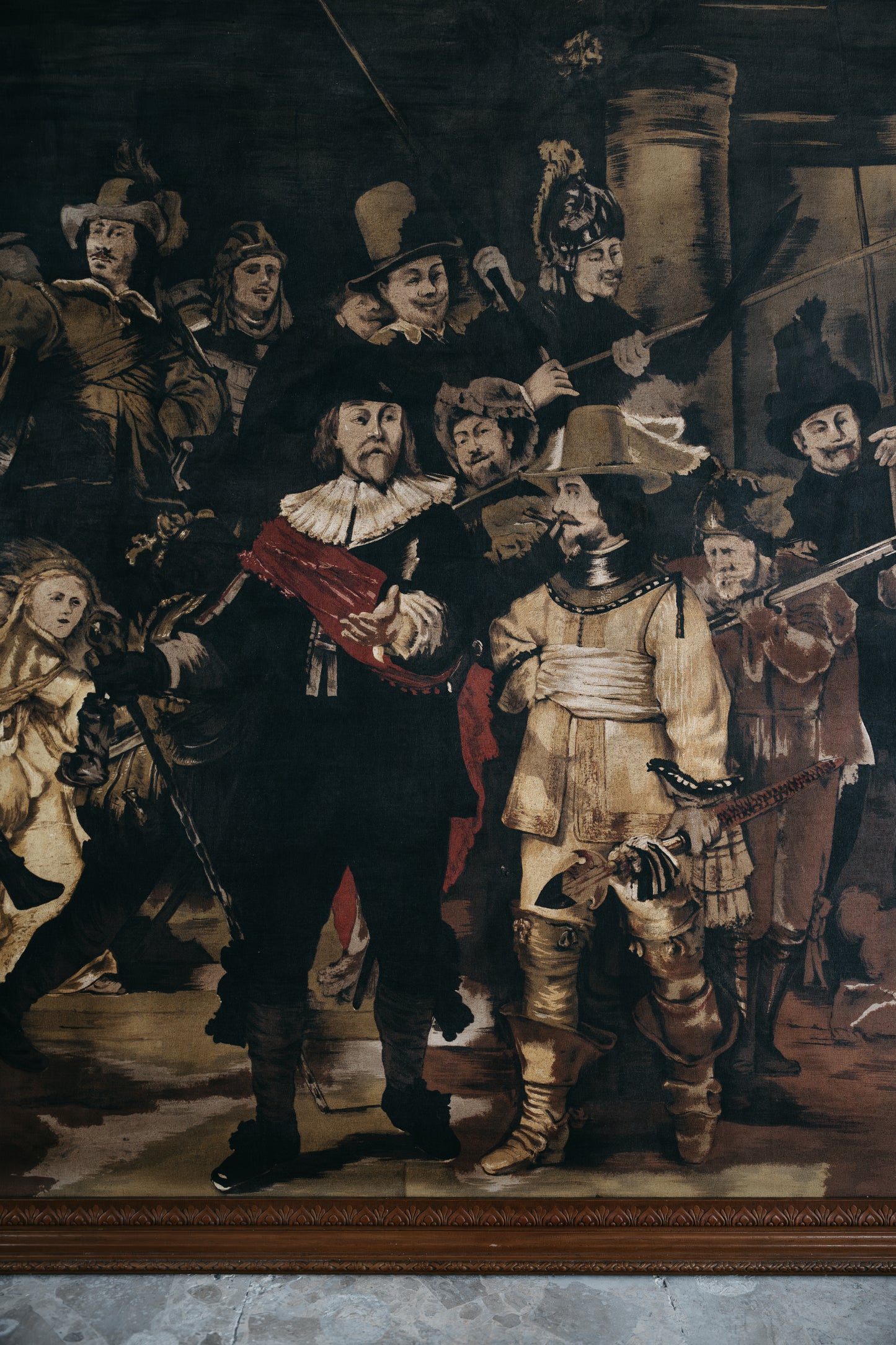 Riproduzione della Ronda di Notte di Rembrandt, tecnica mista su tessuto
