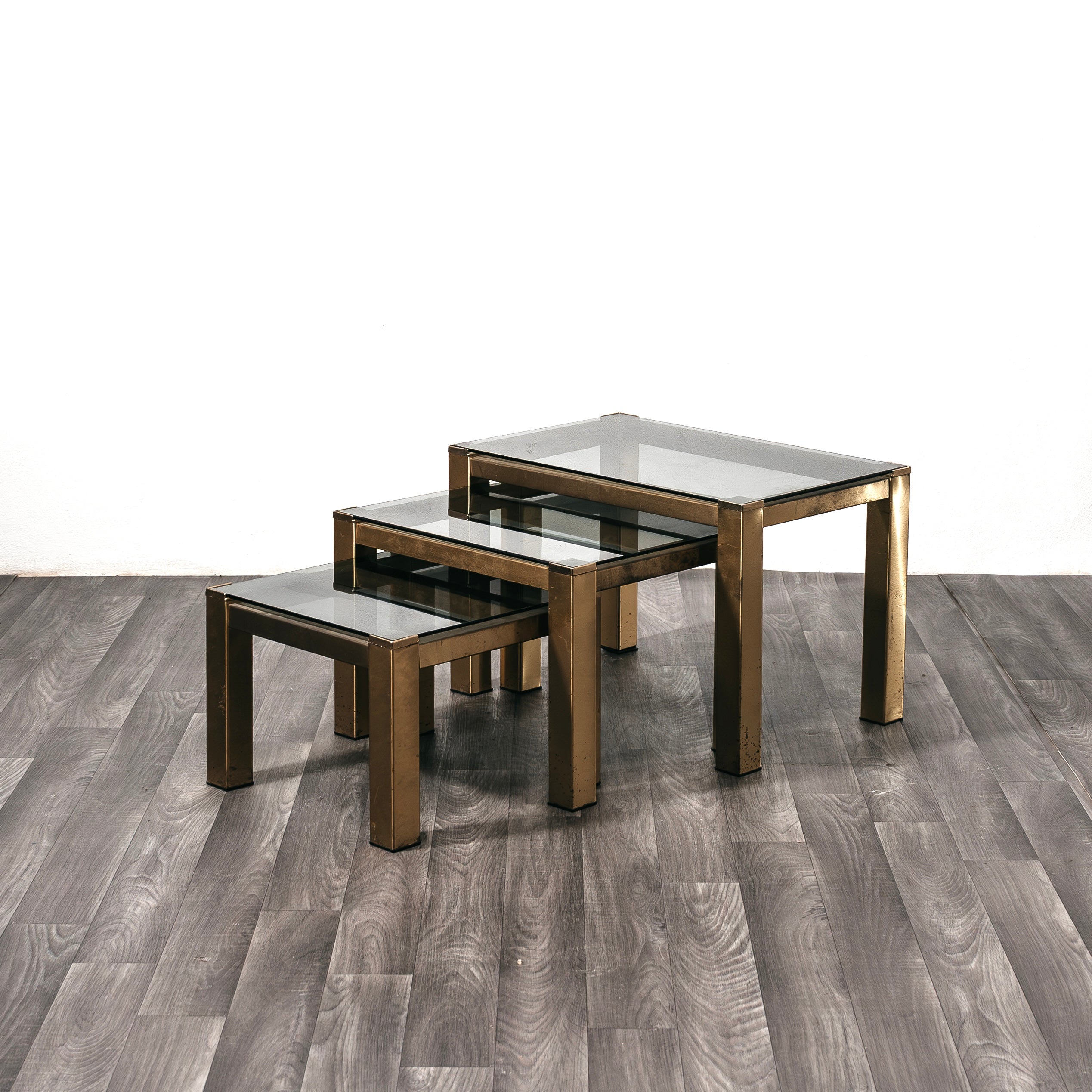Tris tavoli Bassi Da Caffè ottone Hollywood Regency 1970 Design Modernariato