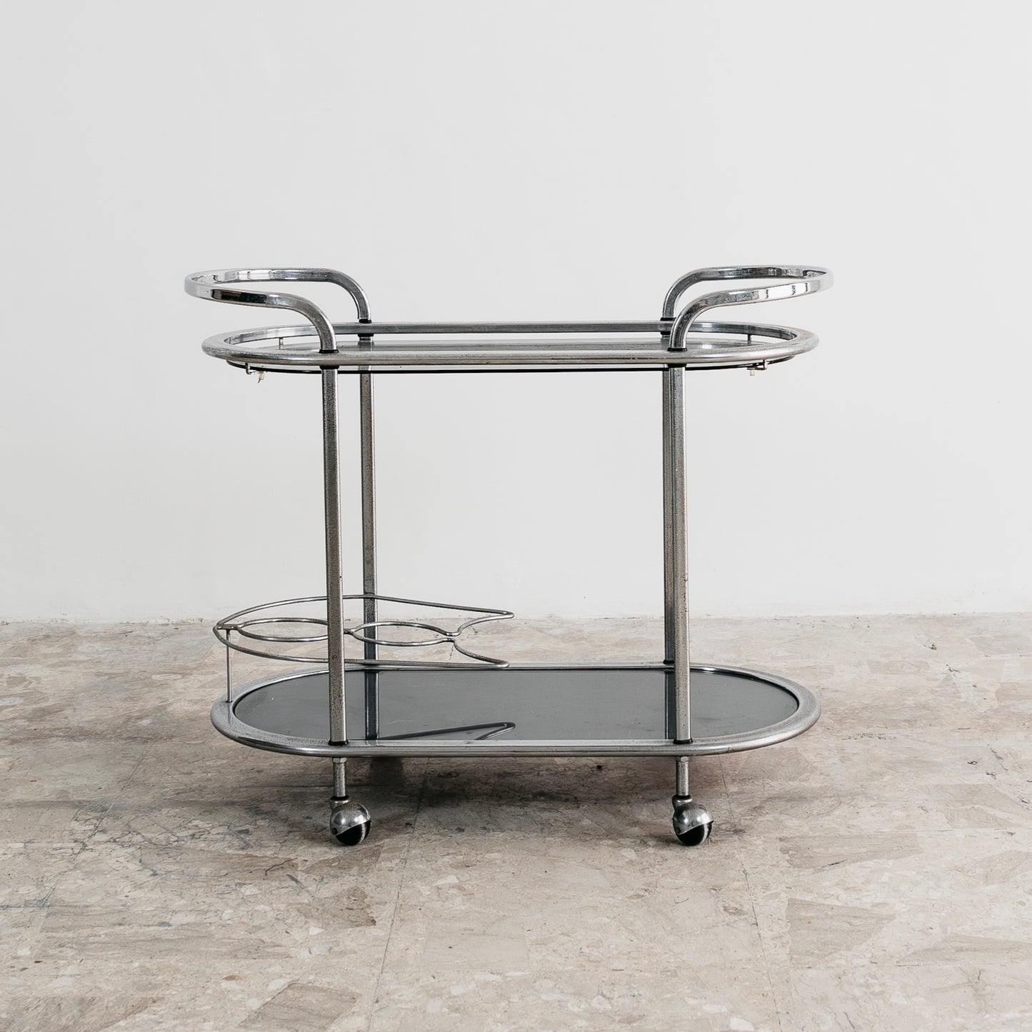 Carrello Portavivande In Acciaio Doppio Ripiano Cristallo Fumè Design Anni 70