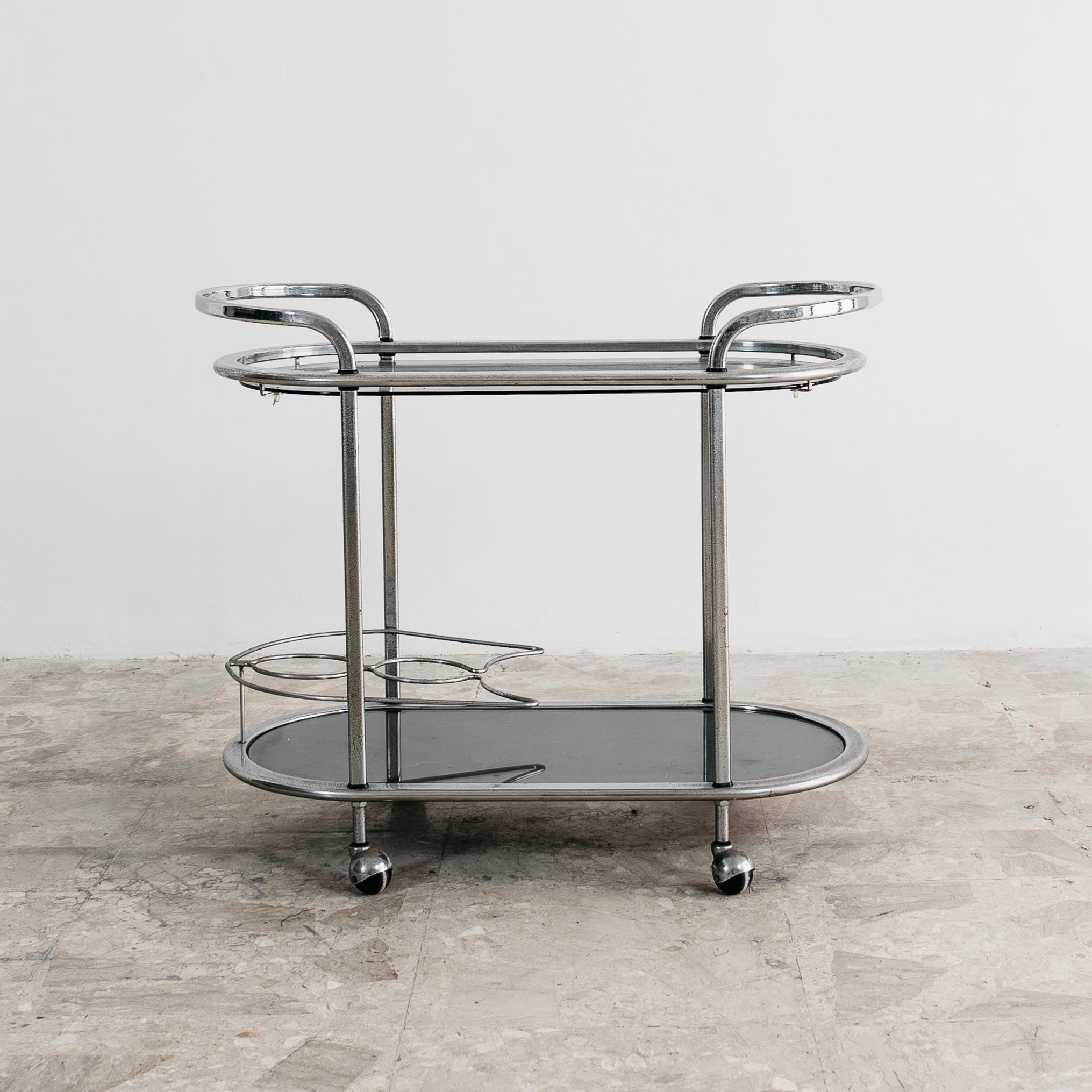 Carrello Portavivande In Acciaio Doppio Ripiano Cristallo Fumè Design Anni 70