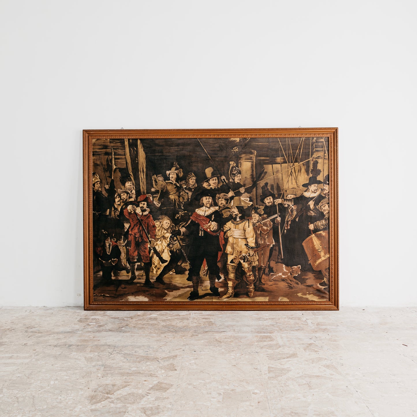 Riproduzione della Ronda di Notte di Rembrandt, tecnica mista su tessuto