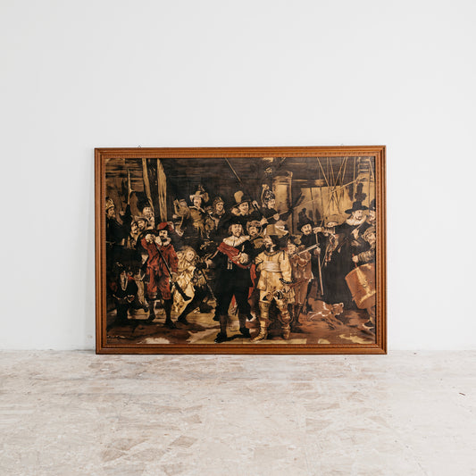 Riproduzione della Ronda di Notte di Rembrandt, tecnica mista su tessuto