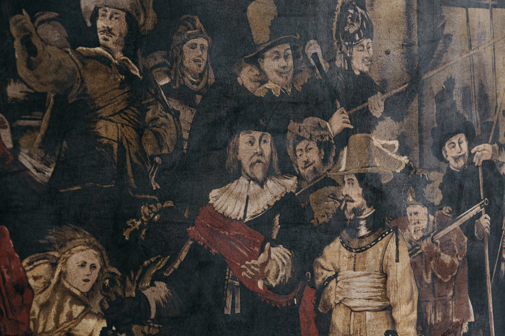 Riproduzione della Ronda di Notte di Rembrandt, tecnica mista su tessuto