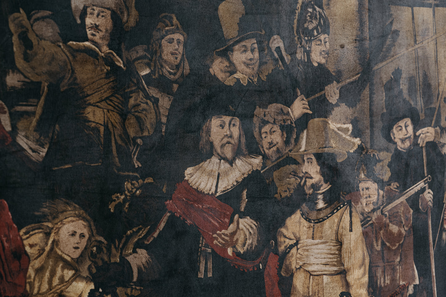 Riproduzione della Ronda di Notte di Rembrandt, tecnica mista su tessuto