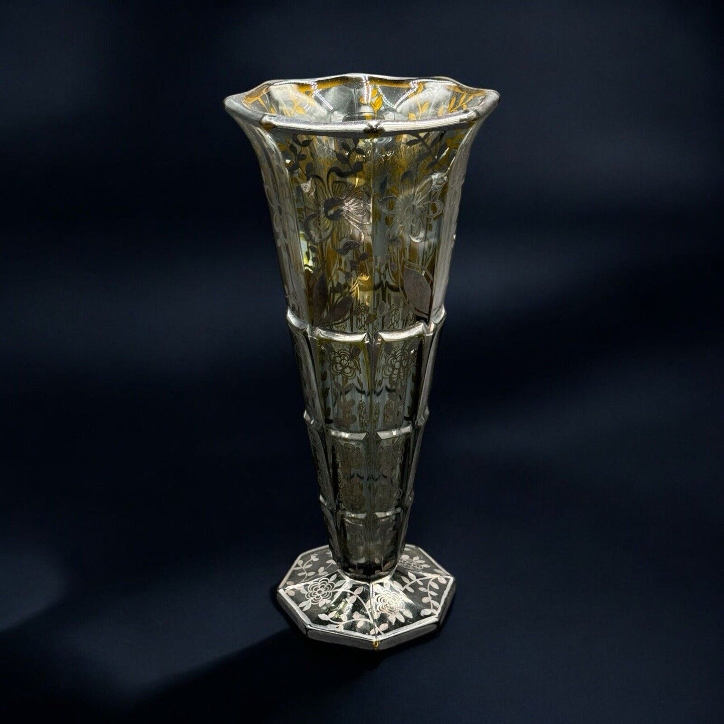 VASO ART DÈCO IN VETRO DECORO ARGENTO OVERLAY MANIFATTURA AMERICANA 1930’S