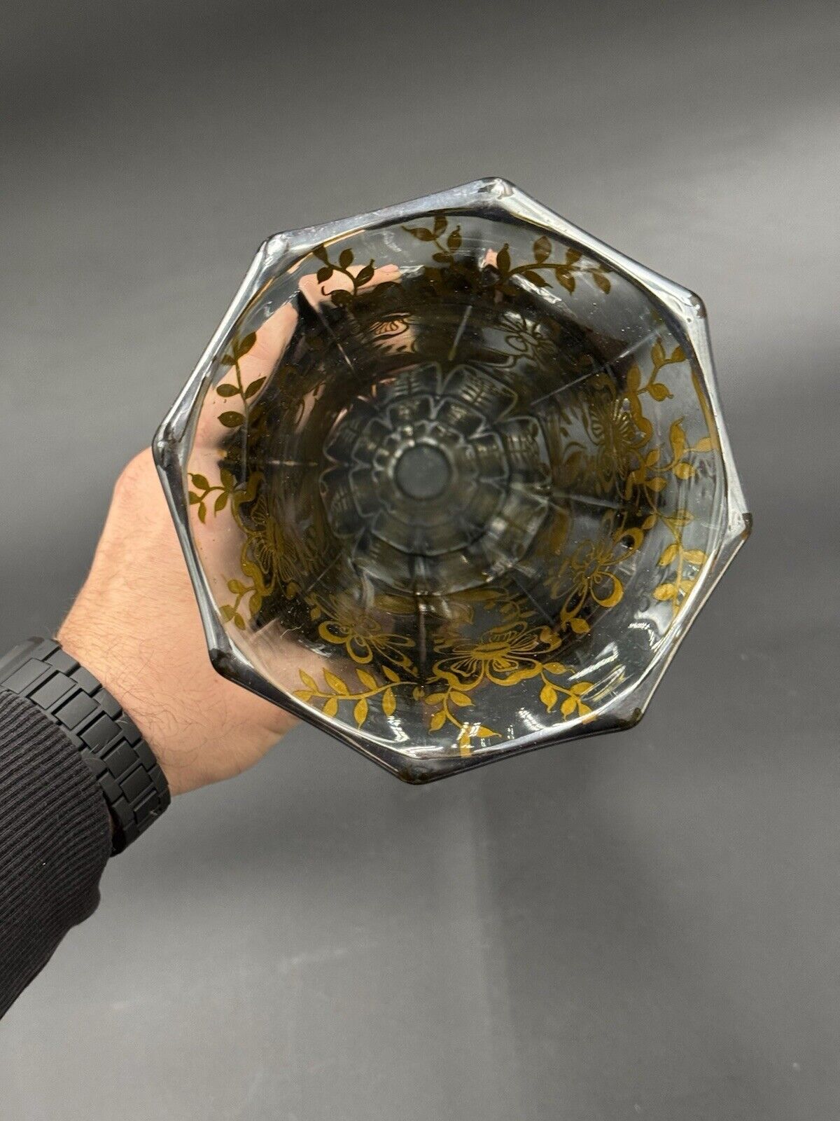 VASO ART DÈCO IN VETRO DECORO ARGENTO OVERLAY MANIFATTURA AMERICANA 1930’S